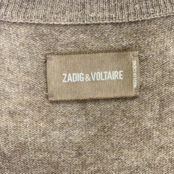 Zadig & Voltaire Vivi WS Gold Star Elbow Patch Cashmere Sweater M Oatmeal Deep V - Picture 2 of 13